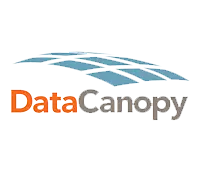 DataCanopy logo with orange 'Data' and gray 'Canopy' under a blue canopy graphic beneath the text logo, representing the brand identity.